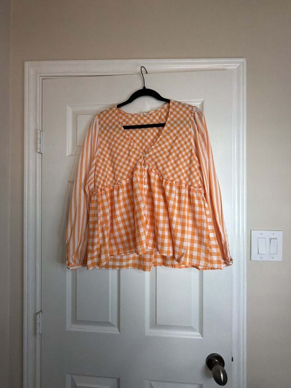 Entro Gingham Blouse Size L Orange Plaid Striped Sleeves